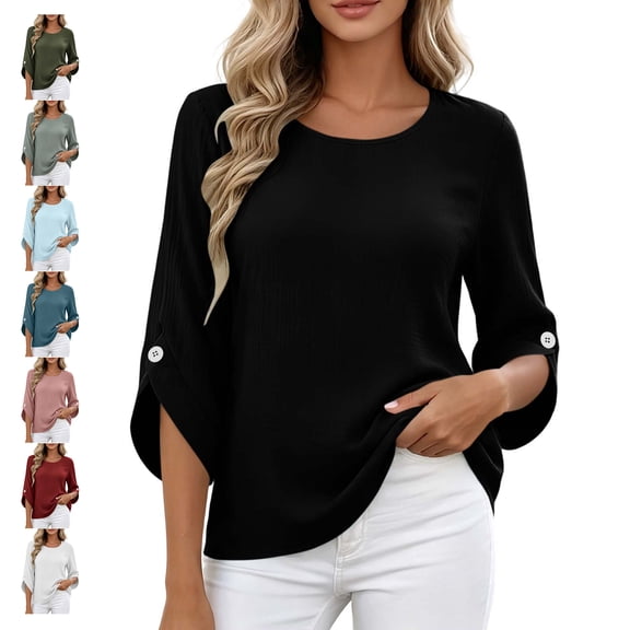 TGSLY 3/4 Bell Sleeve Linen Tops for Women Lightweigh Thin Crew Neck Button Tab Sleeve Blouses Loose Fit Dressy Casual Solid Color Shirts L