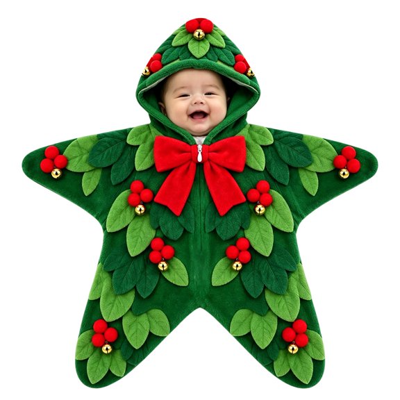 Otqutp Infant Xmas Starfish Flannel Crawling Suit Full Zip Hooded Newborn Romper Plush Long Sleeve Bodysuit Warm Winter Outfit
