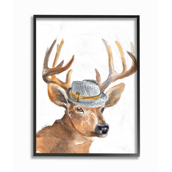 Stupell Industries Funny Hat Fashion Deer Animal Watercolor Painting Framed Giclee Texturized Art by Lanie Loreth