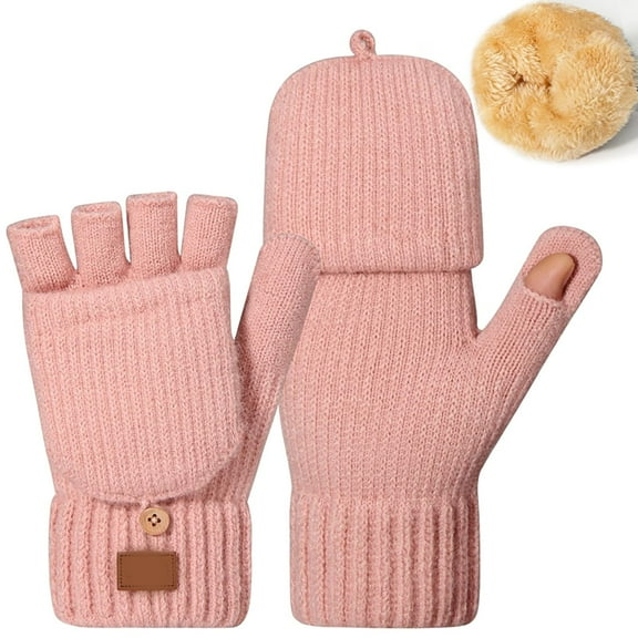 AWZXDE Unisex Warm Lined Knit Fingerless Flip Cover Gloves for Autumn Winter Warmth Writing Use Cold Weather with Finger Gloves and Gloves for Winters Pink,One Size
