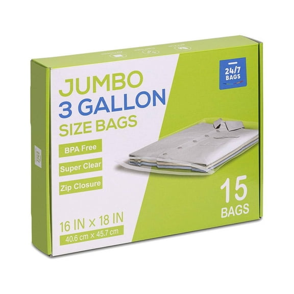 15 Count - Large Plastic Zip Bags, 3 Gallon Size (16" x 18"), Jumbo Storage Bags, 3 Mils, Food-Contact Safe, BPA-Free, Ideal for Seasonal Items, Clothes, Moving, and Other Storage Needs, Clear