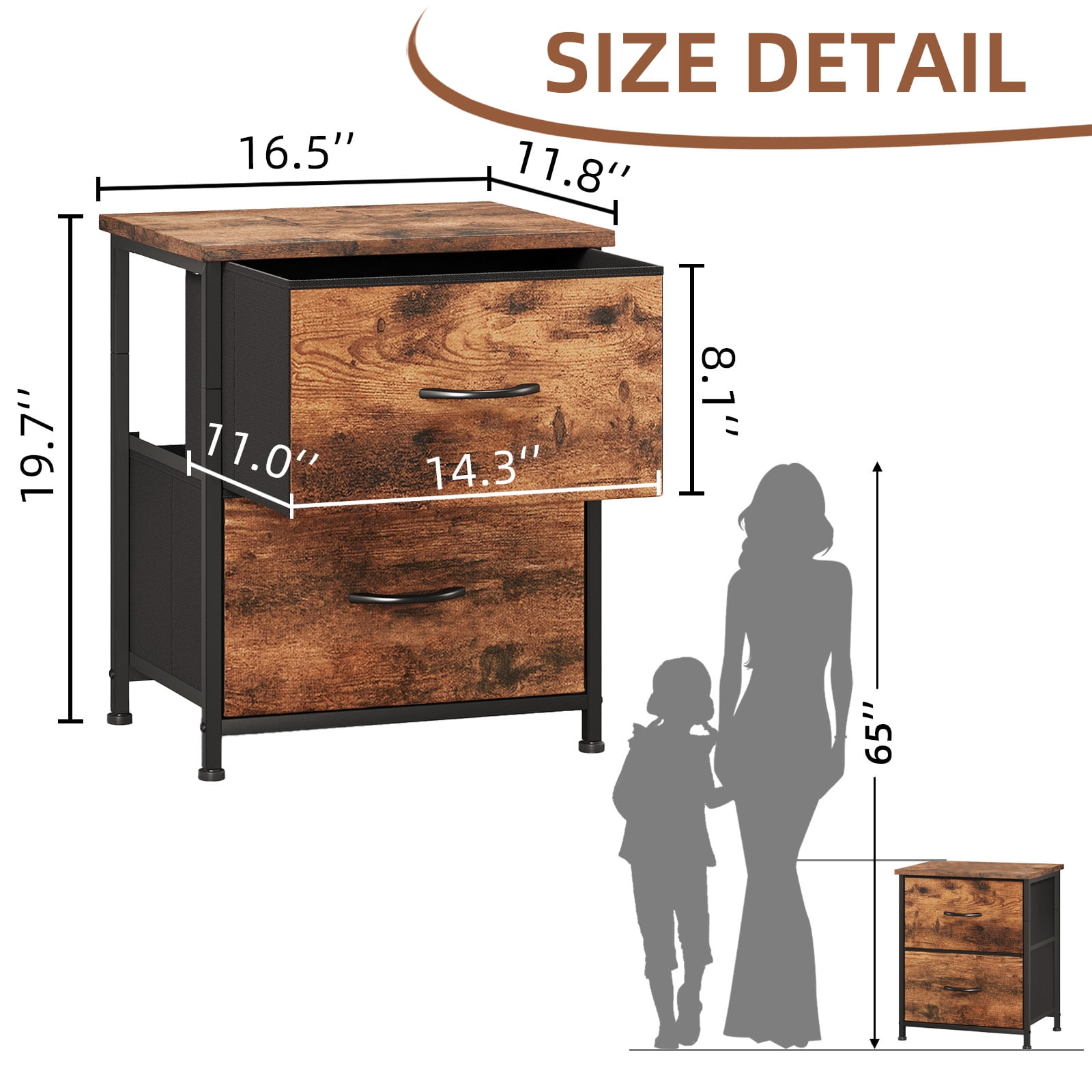 Eunos Small Nightstand for Bedroom with 2 Fabric Drawer, Bedside Table End Table for Closet, Wood Grain Print