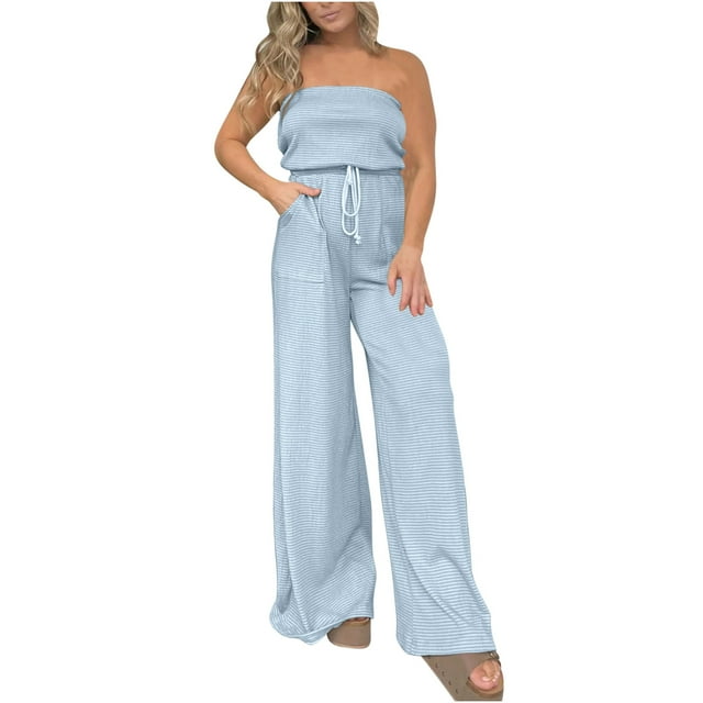 AherBiu Lounge Rompers for Women off Shoulder Sleeveless Drawstring Waist Wide Leg Jumpsuits with Pockets