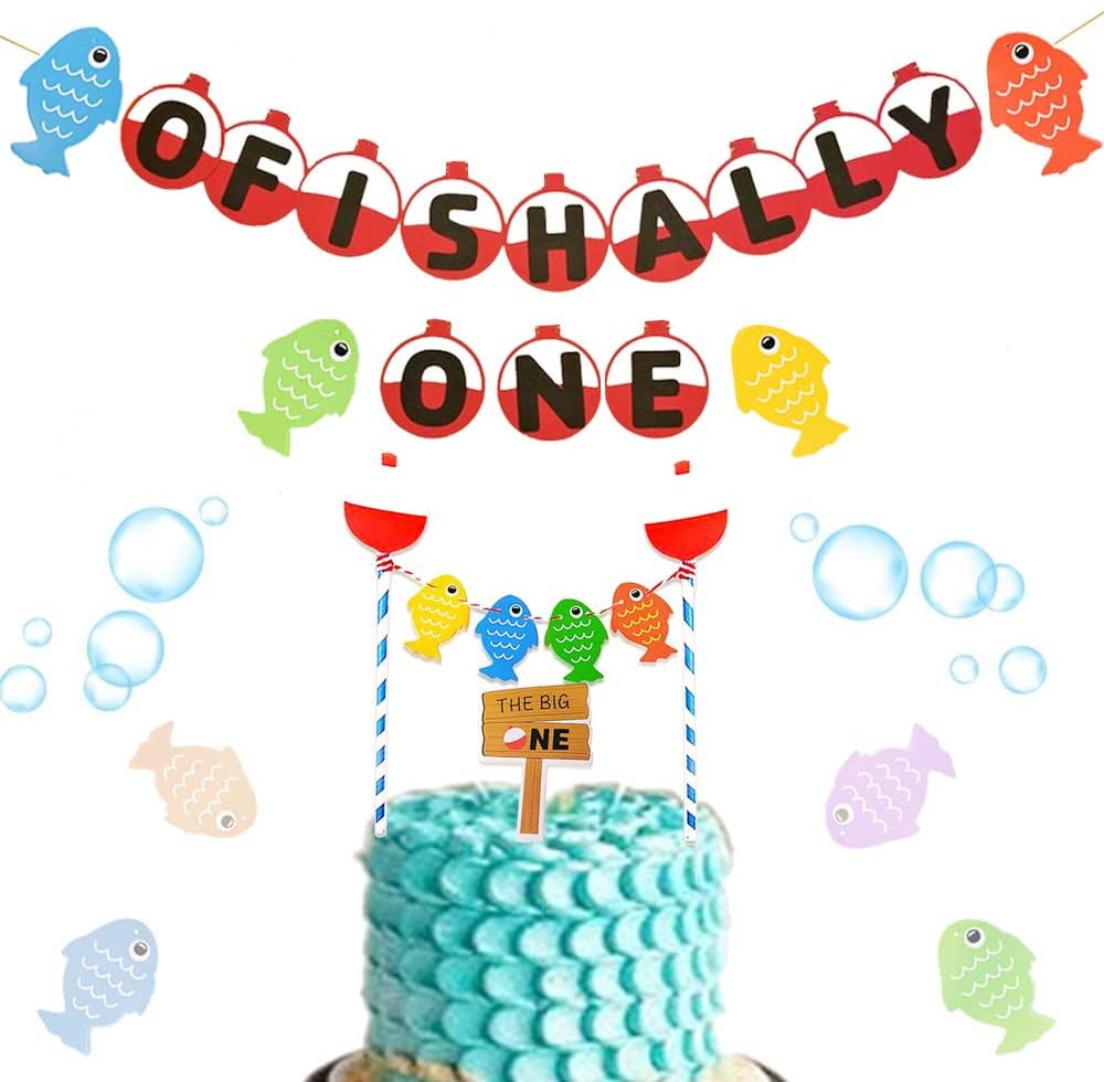 36 Pieces Fishing First Birthday Decorations Fisherman Birthday Banner The Big One First Birthday Fishing Cupcake Toppers Fish Foil Balloons for Baby Shower Fishing Theme Party Supplies 