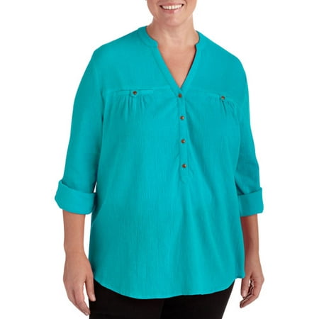 Faded Glory Women's Plus-Size Woven Blouse with Mandarin Collar ...