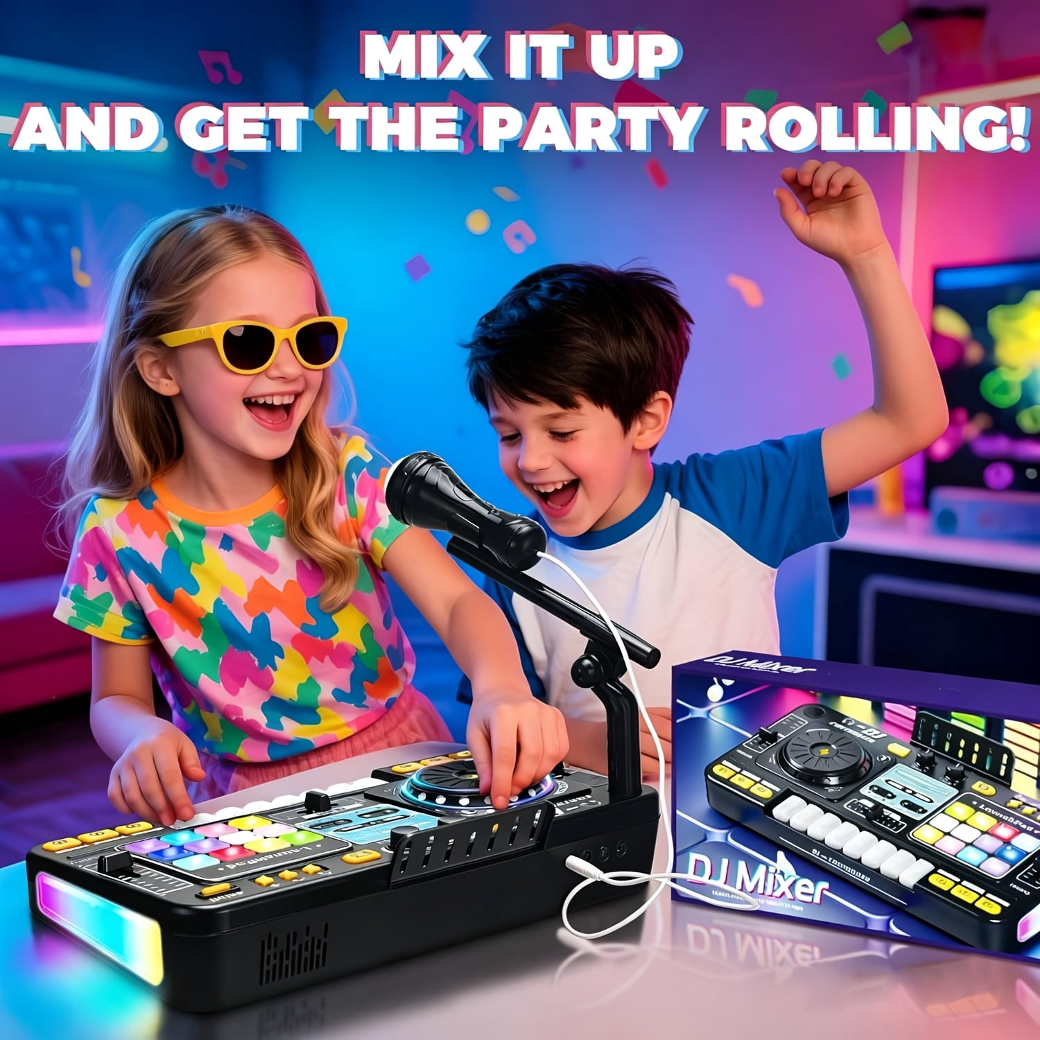 All-in-One DJ Mixing Controller with Electric Keyboard, Sound Effects & Recording Functions for Kids