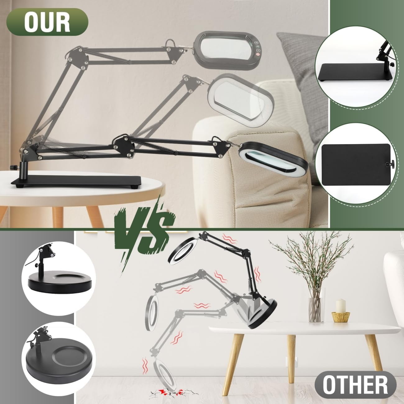LED Magnifying Desk Lamp with Clamp, Square Real Glass Lens, 5 Color Modes Stepless Dimmable, Hands-Free for Reading Craft Hobby Close Work - Black