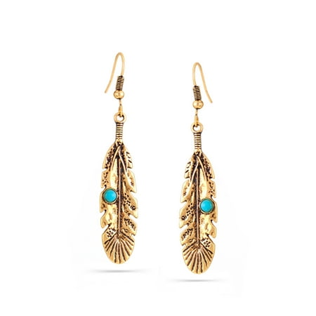 - TAZZA WOMEN'S GOLD-TONE ANTIQUE LOOK VINTAGE BOHO METAL FEATHER TURQUOISE BEAD DROP EARRINGS