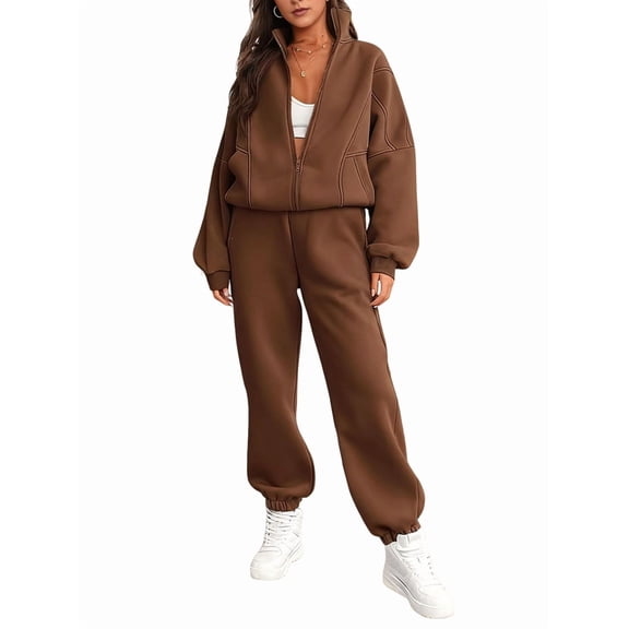 Women'S 2 Piece Outfits Casual Lapel Zip Sweatshirts and Wide Leg Pants Tracksuit Sets Brown L