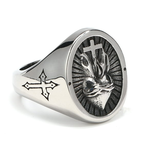 Vintage 14K White Gold Sacred Heart Of Jesus God Rings For Man Catholic Letter Heart Shaped Cross Ring Amulet Jewelry