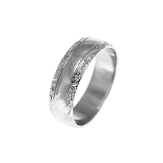 14K solid white gold high polish custom hand engraved Hawaiian scroll 6mm ring size 11