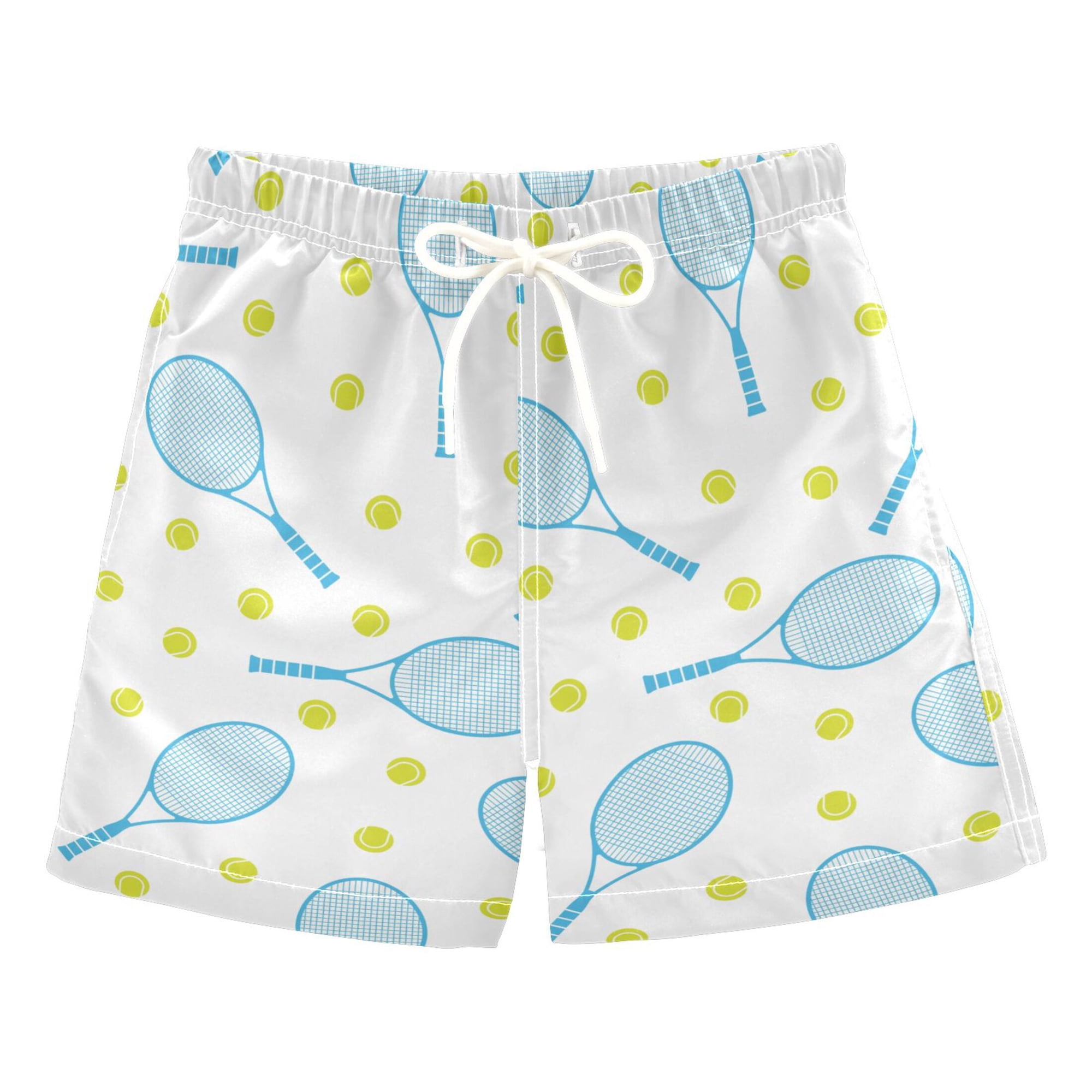 joogoo Boys Swim Trunks Blue Tennis and Yellow Balls Beach Board Shorts Drawstring Swimsuit L