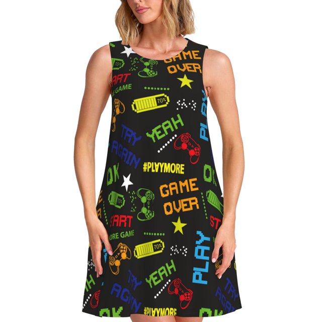 Balery Pixel Game Vestidos de verano para mujer con estampado: vestido holgado sin mangas, vestido playero informal y cómodo para días calurosos.