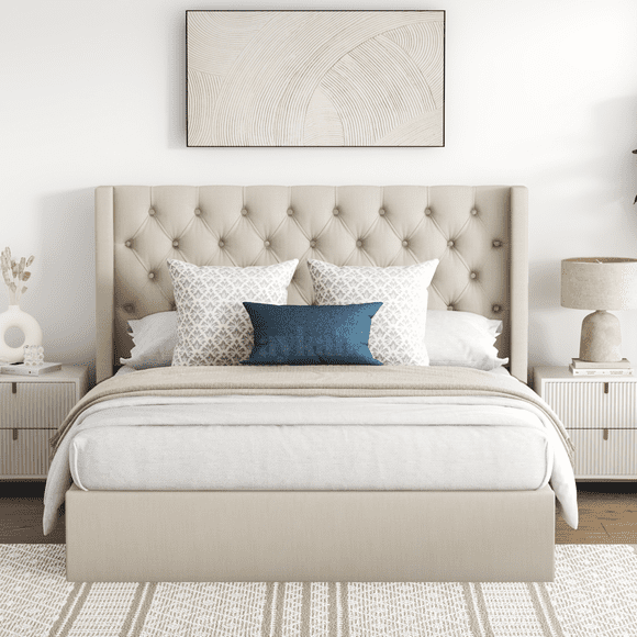 Aykah Nora Queen Size Upholstered Tufted Storage Bed, Foam Filled Fabric, Platform Metal Bed Frame with High Headboard, Wood Slat Support, Modern Design