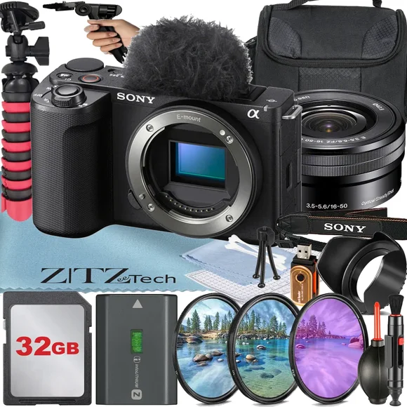 Sony ZV-E10 II Mirrorless Camera (Black) with 16-50mm Lens + 32GB Card + Case + 3 Pieces Filter + ZeeTech Accessory Bundle