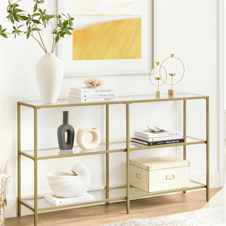 VASAGLE 51.2" Console Sofa Entry Table with 3 Shelves Metal Frame Tempered Glass Shelf Modern Style for Entryway Living Room Bedroom Gold Color
