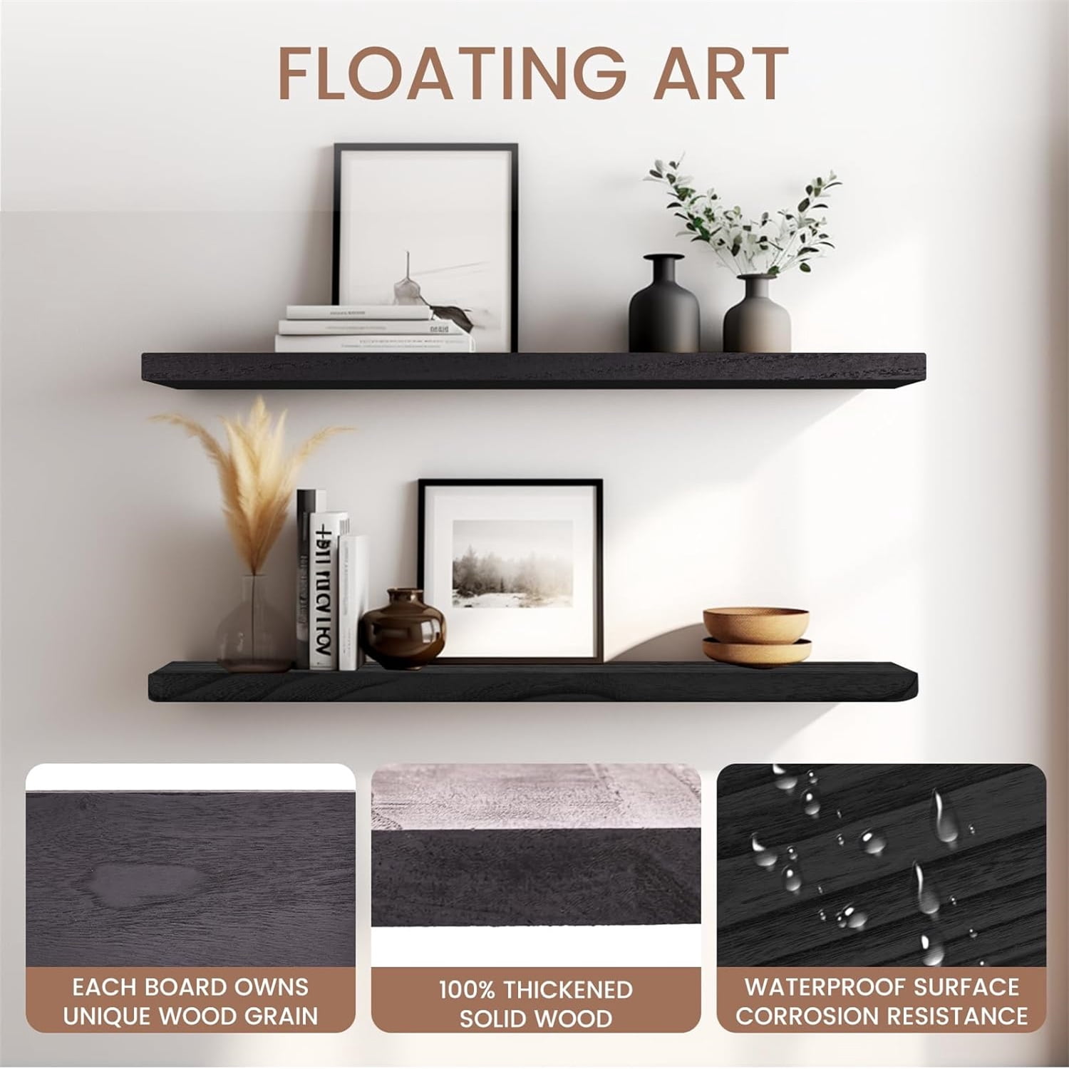 Floating Shelves 24 Inches Long, Set of 2 Rustic Wood Wall Mounted Shelves, Wall Picture Ledge Shelf with Invisible Metal Brackets for Living Room, Bedroom, Bathroom, Black