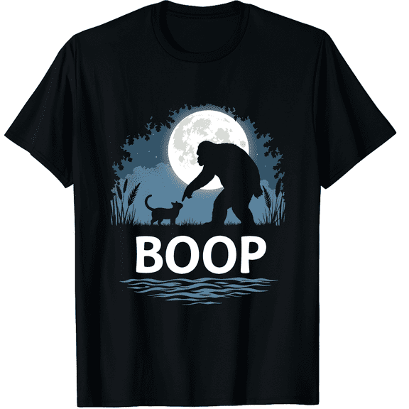 Bigfoot Cat Boop Funny Sasquatch Silhouette Adult Unisex Black T-Shirt, 180g Cotton