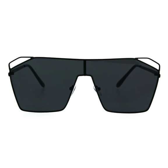 Womens Futurism Squared Shield Large Flat Top Mafia Metal Rim Sunglasses All Black