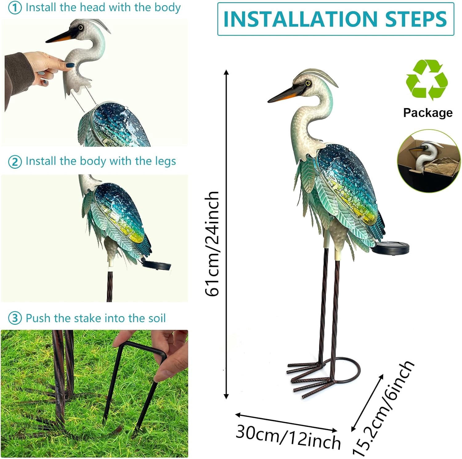 Solar Heron Metal Crane Statue Garden Heron Sculpture, Glass Outdoor Crane Yard Art Coastal Ocean Bird Decor 24 Inch Lawn Ornament for Backyard Porch Patio Decor（Green）