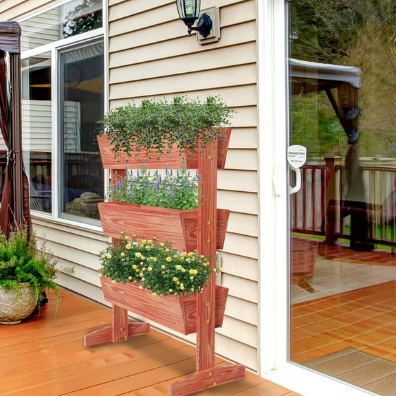 3 Tier Wooden Raised Garden Bed, Vertical Planter Box for Vegetables Flowers Herbs, Solid Pine Wood Ladder Design for Indoor Outdoor Balcony Patio Yard, Reddish Brown
