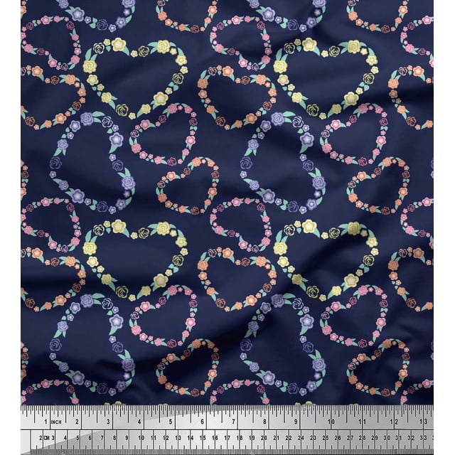 Soimoi Polyester Crepe Fabric Floral & Heart Printed Fabric 1 Yard 42 Inch Wide