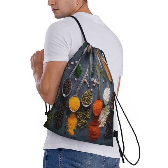 Horeoi Various Herbs And Spices In Spoons Print Drawstring Bags for Gym Sports Yoga Travel Lightweight Foldable Sackpack for Men Women Teens