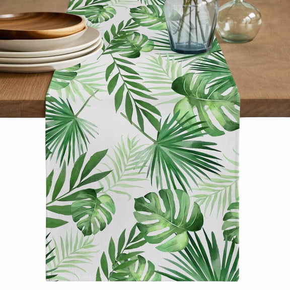 Summer Botanical Table Runner 120 Inches, Monstera Palm Leaves Green Bed Runner Dresser Scarves Tabletop for Indoor Outdoor Parties/Ceremony/Banquet, 13"x 120"