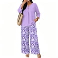 thumbnail image 4 of Two Piece Sets for Women Wide Leg Pants and V Neck Three Quarter Sleeve Shirt Airport Beach Vacation Clothes, 4 of 5