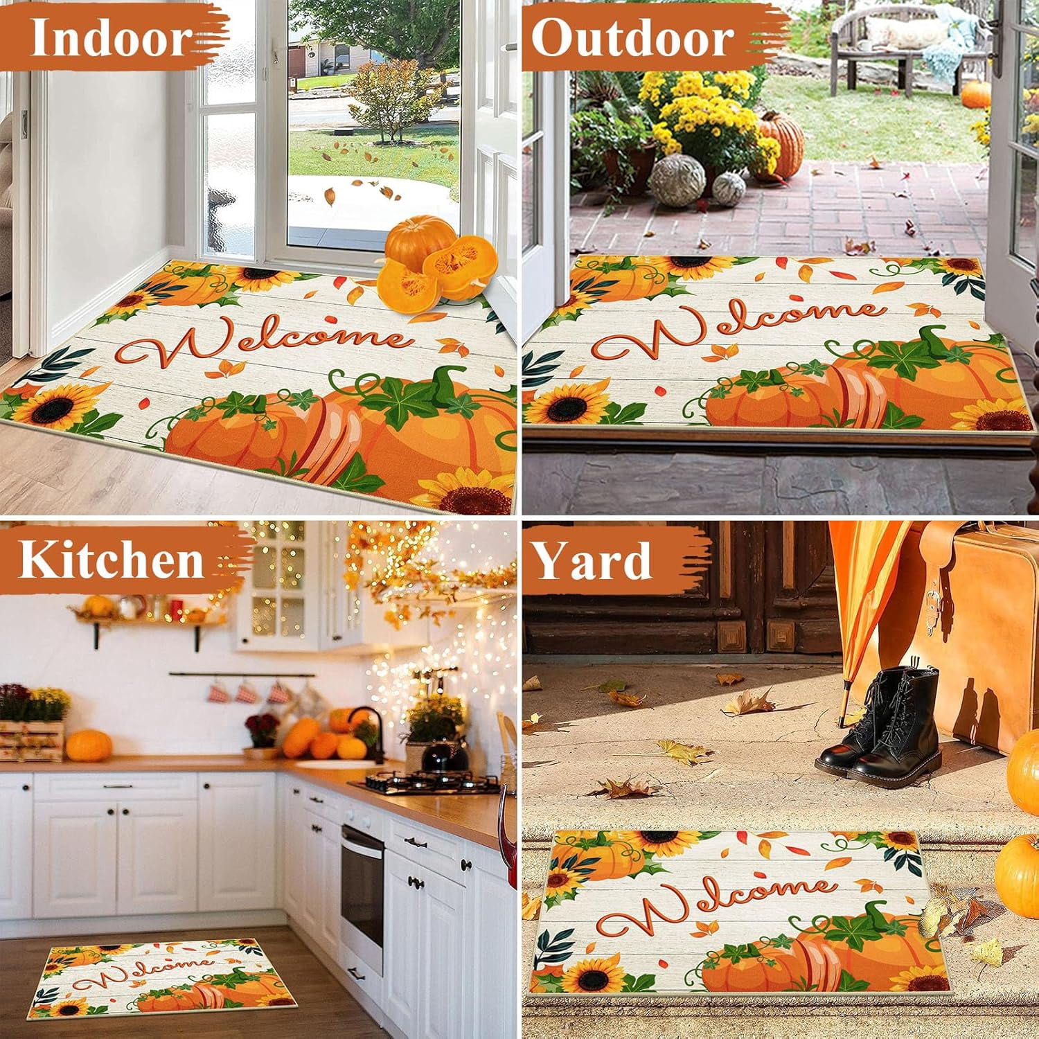 HEBE Fall Door Mat 20"x32" Non Slip Pumpkin Welcome Doormat Buffalo Plaid Doormats for Autumn Harvest Thanksgiving Farmhouse Large Entrance Doormat Low Profile Floor Carpet Mat Washable