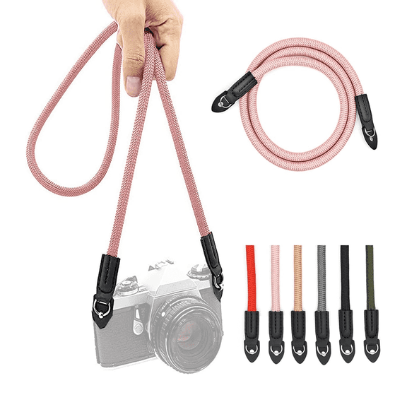 Pink Braided Rope Camera Strap – Soft Woven Nylon Neck Strap with Leather Ends, Lightweight and Durable Shoulder Strap for DSLR, Mirrorless & Film Cameras