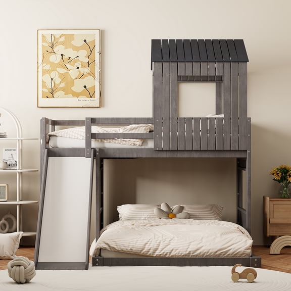 Wooden Twin Over Full Bunk Bed, Loft Bed with Playhouse, Farmhouse, Ladder, Slide and Guardrails, Antique Gray