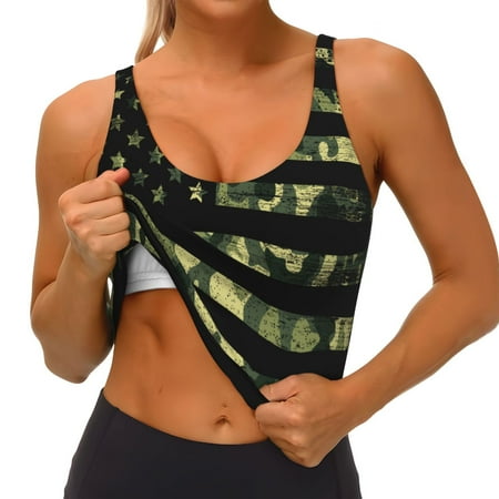 Qokaie American Flag Camo Pattern Womens Scoop Neck Sports Bra Breathable Workout Vest Padded U Back Medium Impact Fitness Gym Yoga Bra Workout Crop Top