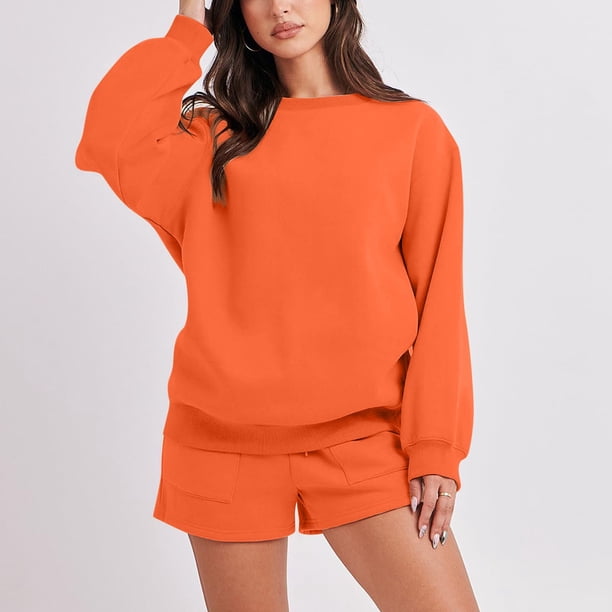 ICHUANYI Clearance Women Fashion Round-Neck Blouse Long Sleeve Tops Sweatshirt Shorts Casual Suit Sets(Orange, S) ICHUANYI WER2023080913286