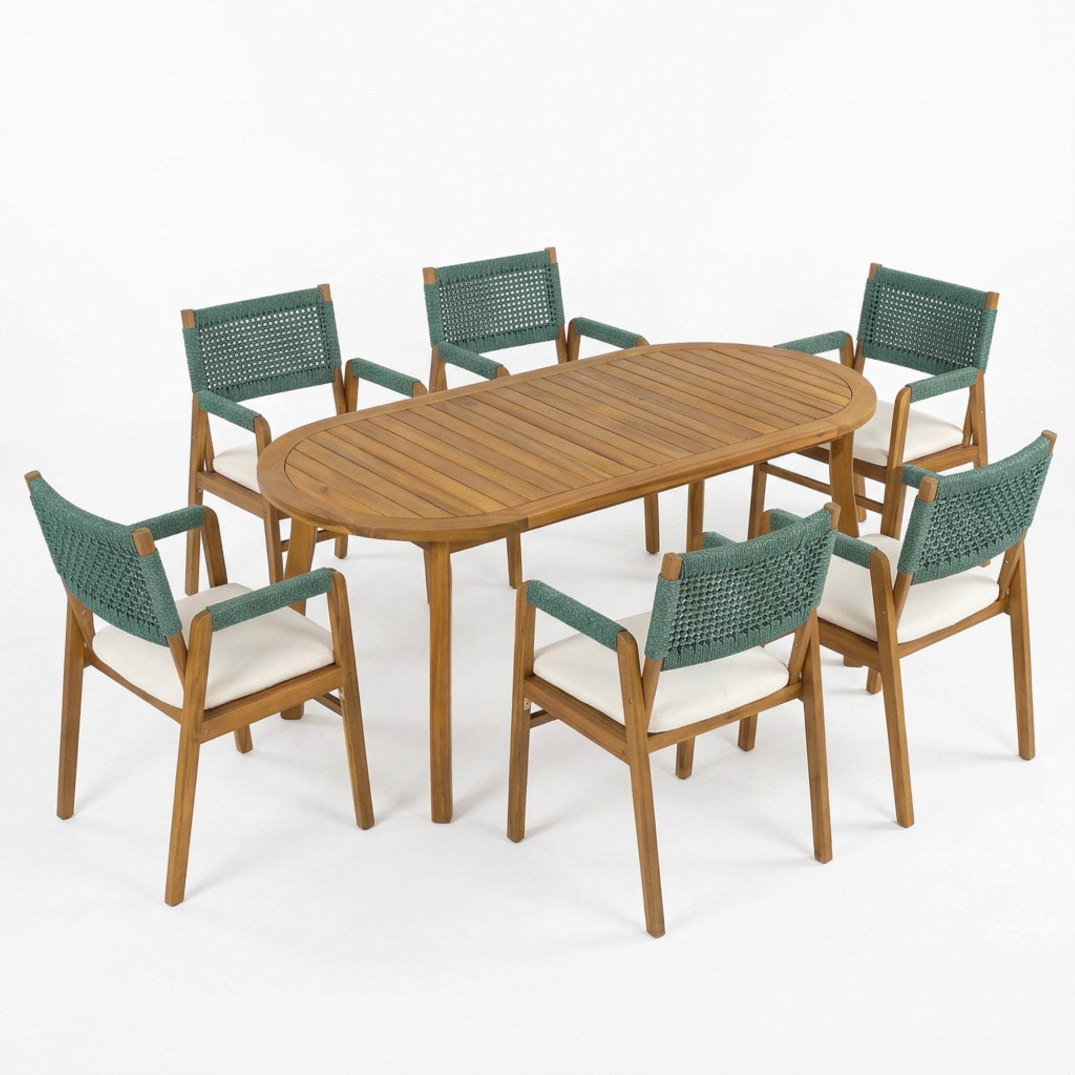 Christopher Knight Home 7-Piece Outdoor Dining Set with Oval Table & Rope Armchairs, Teak+Green