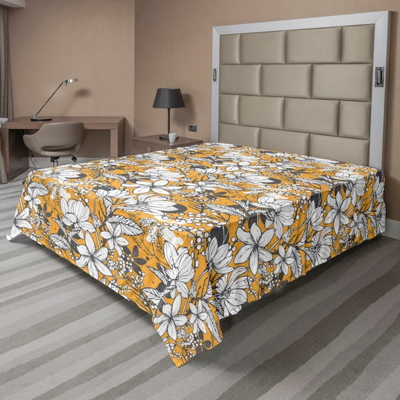 Ambesonne Floral Flat Sheet, Hibiscus Exotic Beach, California King, Charcoal Grey Marigold