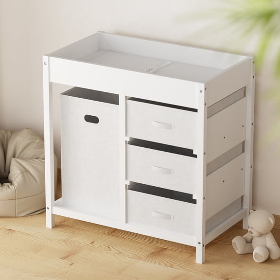 GLAF Baby Changing Table for Nursery - Diaper Changing Station with Laundry Hamper, 3 Storage Drawers, Changing Pad, and Safety Belt, White