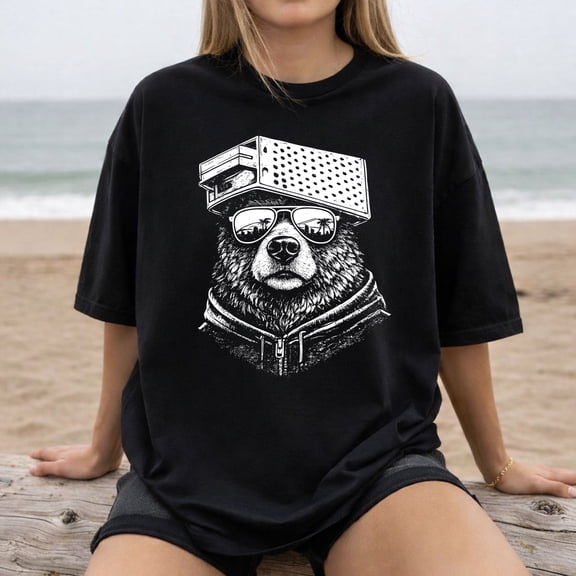 Retro Bear with Cheese Grater Hat and Sunglasses Vintage T-Shirt – Funny Graphic Tee for Men & Women