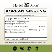 Herbal Roots Organic Korean Panax Ginseng, Herbs for Energy, Endurance, and Immune Support 60 Vegan and Organic Capsules