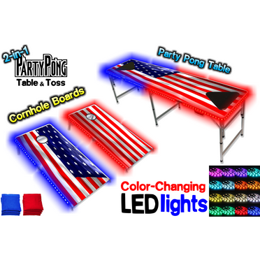2-in-1 Cornhole Boards & Beer Pong Table w/ Color-Changing LED Glow Lights - America Edition
