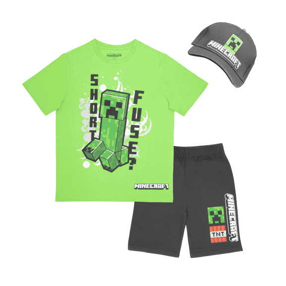 Minecraft Boys 3-Piece Creeper Set - Short Sleeve Graphic T-Shirt, Shorts, and Baseball Cap Outfit for Kids (Sizes 4-16)