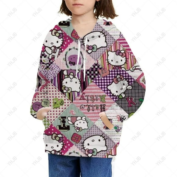 Hello Kitty Print Hoodies Harajuku Cartoon Long Sleeve Y2K Sweatshirts for Boys/Girls Round Neck Anime Pullovers Unisex HOEMLIN