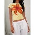 thumbnail image 3 of Women Short Sleeve Baby Tee Y2k Flower Graphic Printed Crop Top Slim Fit Crew Neck Tees Yellow M, 3 of 7