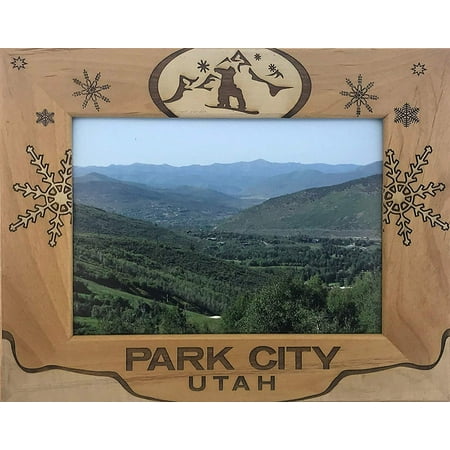 Park City Utah with Skier Laser Engraved Wood Picture Frame (5 x