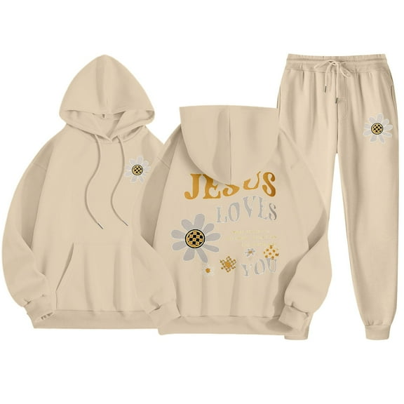 Two Piece Outfits for Women Long Sleeve Floral Print Hooded Sweatsuit Set Oversized Matching Set Fall Winter Casual Tracksuit