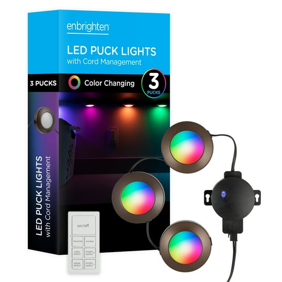 Enbrighten Spectrum LED Puck Lights, 3 Pack, Multicolor or White, Dimmable, Remote Control, 44090