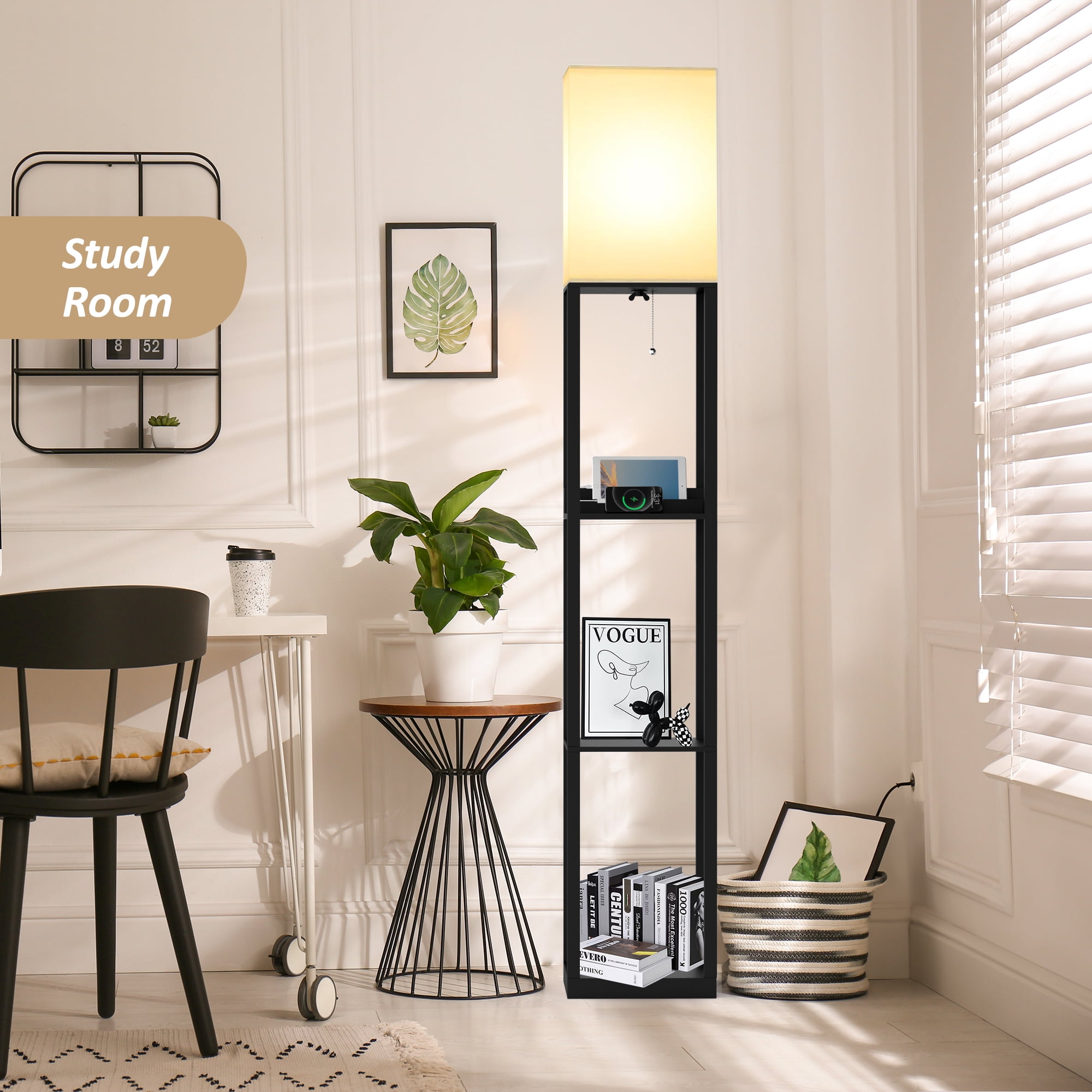 Jurulu LED USB Floor Lamp with Storage, 3 Color Temperatures, Solid Wood, 2 Charging Ports & Power Outlet, Matte Black