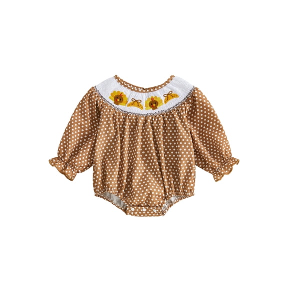 Cjfdfy Newborn Baby Girl Thanksgiving Romper Turkey Dot Long Sleeve Smocked Bubble Collar Jumpsuit Infant Cute My First Thanksgiving Fall Winter Clothes 0-18M