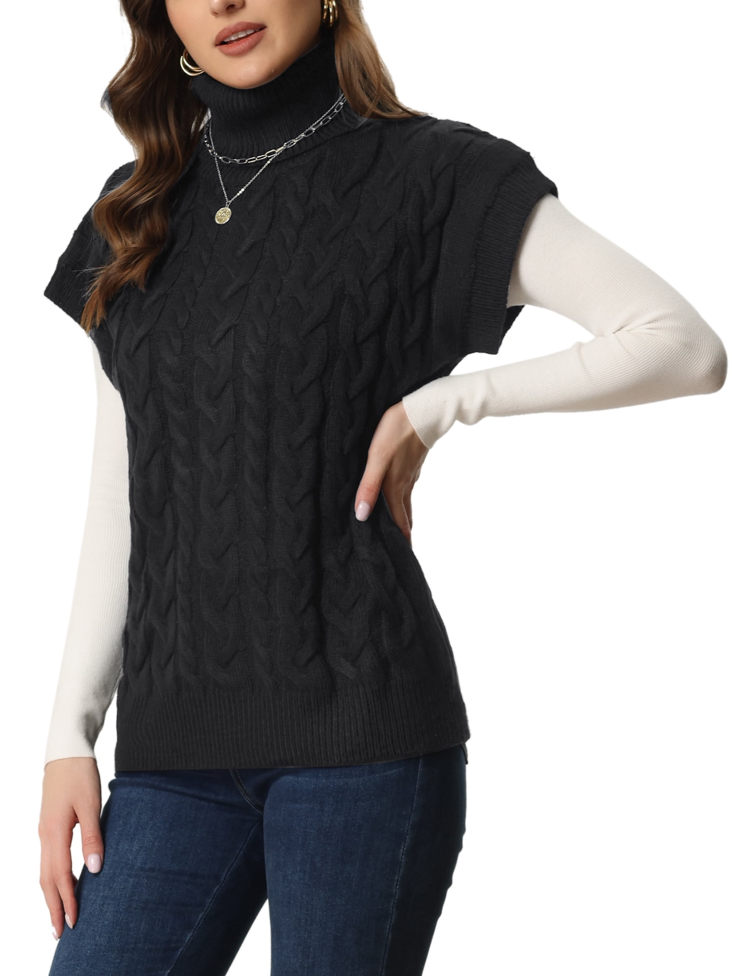 Unique Bargains Women's Solid Turtleneck Sleeveless Pullover Cable Knit Sweater M Black