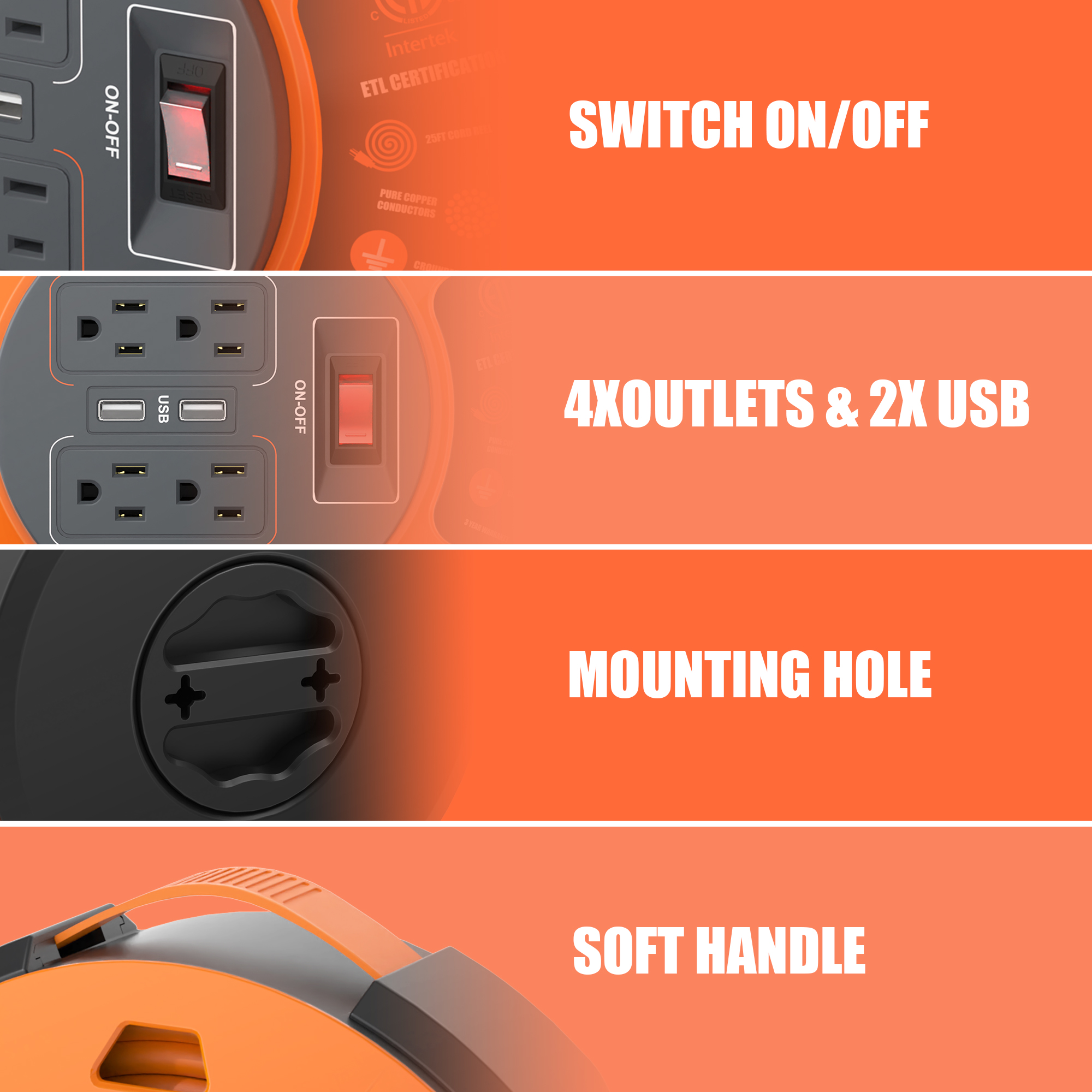 Hongyi 32-Foot Extension Cord Reel with USB Ports photo 3